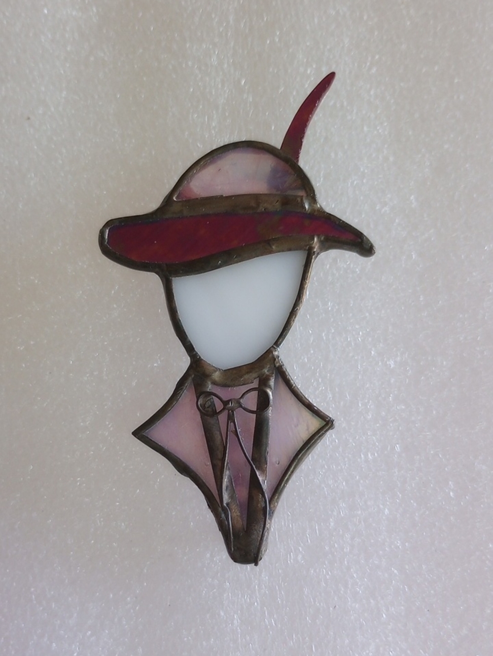 Art Deco Stained Glass Lady Brooch in Pink and Red Hand Made By Artist